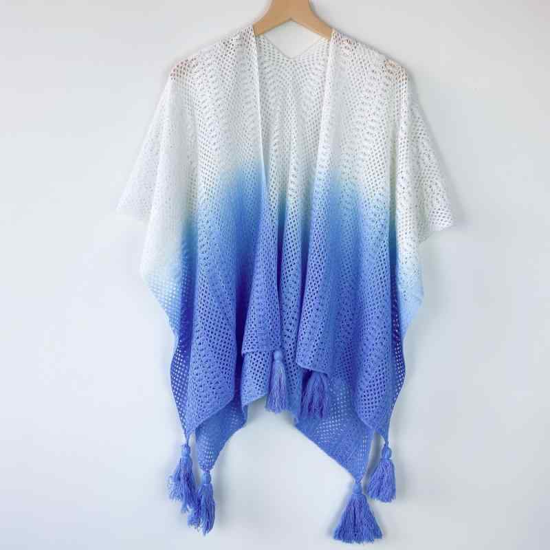 ショール レディース グラデーション ニット フリンジ エスニック 薄手 透かし編み 日焼け対策 UVカット 羽織り ポリエステル ミドル丈 春夏 リゾート