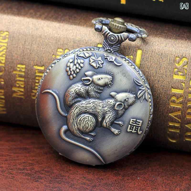 懐中時計 メンズ 十二支 立体彫刻 青古銅色 クォーツ ウォッチ レトロ アンティーク ヴィンテージ調 丸型 おしゃれ ファッション小物(x2)