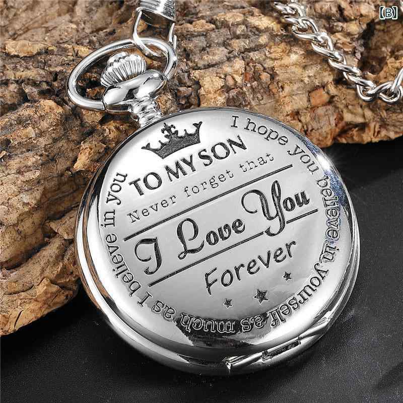 懐中時計 メンズ レディース TO MY SON 刻印 レトロ クォーツ式 ペンダント ウォッチ アンティーク調 丸型 合金製 アナログ表示 誕生日 記念日 プレゼント ギフト ブラック シルバー ゴールド