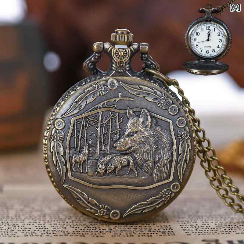 懐中時計 ユニセックス レトロ アンティーク ポケットウォッチ ウルフヘッド 立体浮き彫り クォーツ 大型 ネックレス ペンダント ブロンズ メタル 円形文字盤 ガラス アクセサリー おしゃれ かっこいい 記念
