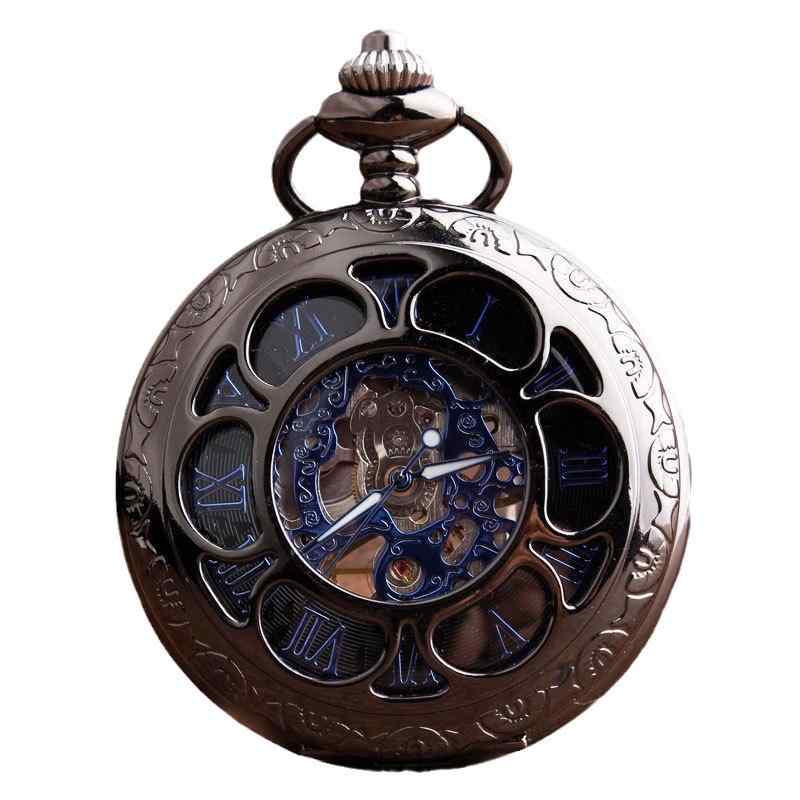 懐中時計 男女兼用 ガンブラック 花模様 青文字盤 機械式 レトロ アンティーク クラシック スケルトン フリップカバー ネックレス 合金製 ワールドタイム プ...