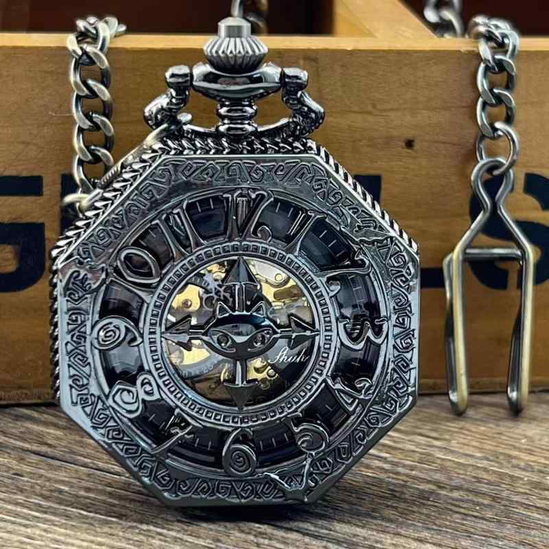 懐中時計 男女兼用 ユニセックス 機械式 ビッグフェイス 大文字盤 おしゃれ 個性的 クール スタイリッシュ 合金製 ラウンド型 ブラック ファッション アクセ...