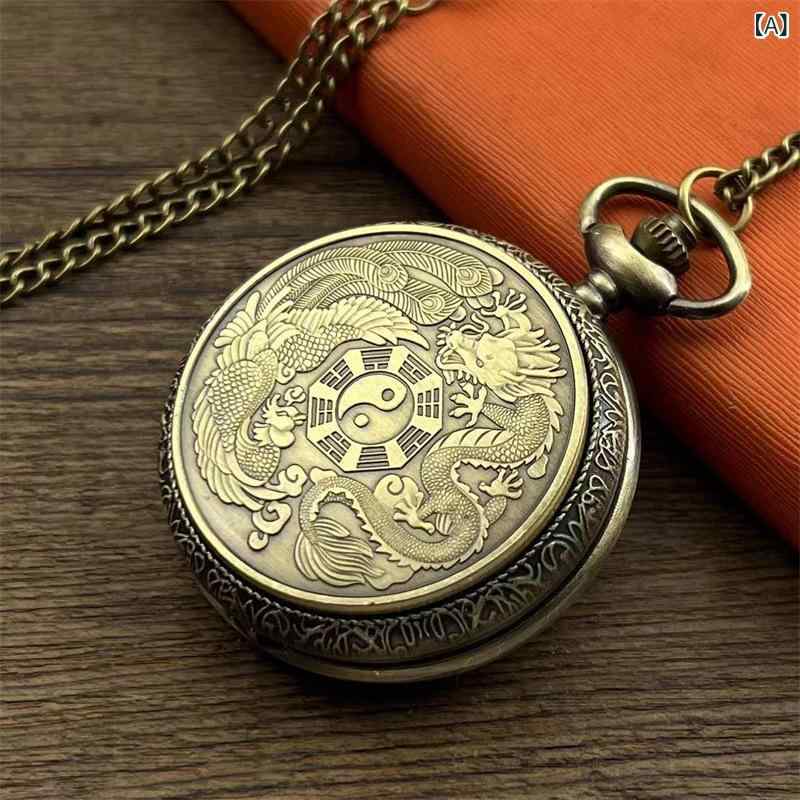懐中時計 十二星座 記念 鳳凰モチーフ レジン加工 クォーツ式 大型 アンティークブロンズカラー メンズ レディース カジュアル ユニセックス ファッション小物 ステンレス