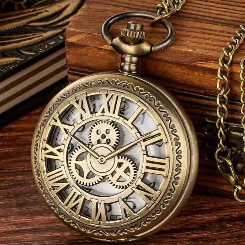 懐中時計 男女兼用 ユニセックス レトロ アンティーク 青銅 ブロンズ スケルトン 歯車 クォーツ 蓋付き ネックレス ペンダント プラスチック風防 亜鉛合金 ...