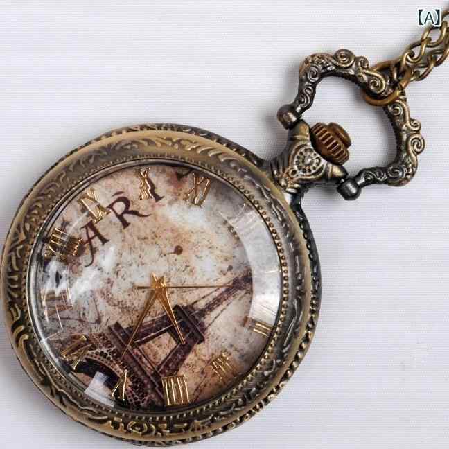 懐中時計 男女兼用 学生 カラフル 透明 フタ付き レトロ ローマ数字 鉄塔 アナログ クォーツ ネックレス時計 ペンダントウォッチ ファッション 小物 普段使い(x2)