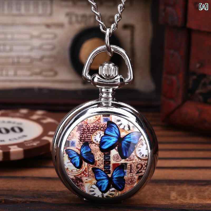 ネックレス 懐中時計 レディース レトロ アンティーク調 蝶々モチーフ フタ付き クォーツ 小型 シルバーカラー 合金製 学生用 おしゃれ カジュアル(x2)
