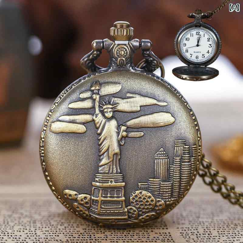 懐中時計 メンズ レディース 自由の女神 レトロ アンティーク クォーツ ブロンズカラー ポケットウォッチ メタル 男女兼用 プレゼント