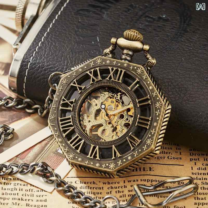 懐中時計 機械式 スケルトン 八角形 彫刻 アンティーク ローマ数字 ブルー 青色 ユニセックス 合金製 透かし彫り 背面スケルトン ファッション小物 普段使い(x2)