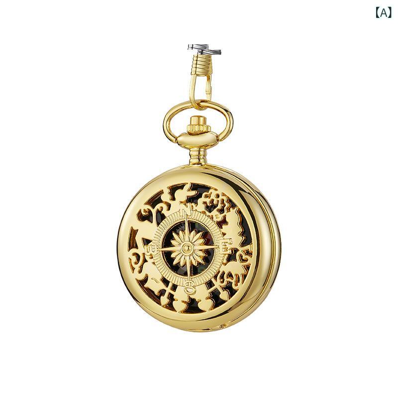 懐中時計 電子コンパス フリップカバー 開閉式 ポケットウォッチ アウトドア 登山 キャンプ ハイキング 丸型 デジタル アナログ表示 メタル製 カジュアル アンティーク調(x2)