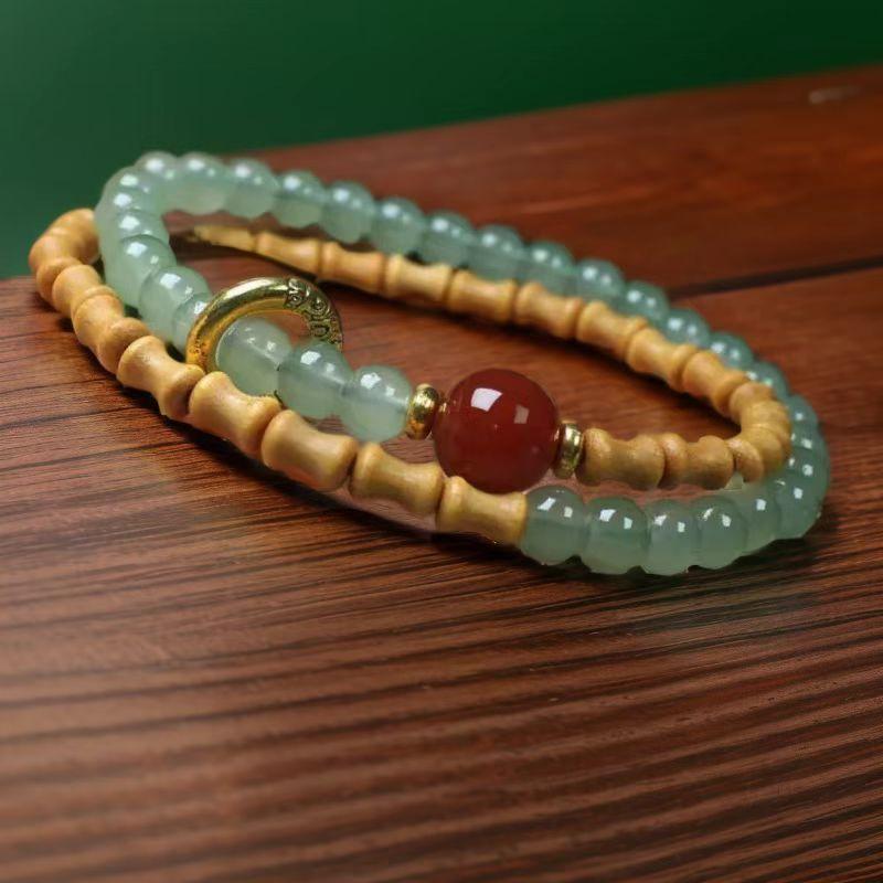 ブレスレット 男女兼用 サンダルウッド 竹節 ウッドビーズ 模造アベンチュリン 天然木製 二重巻き 一重巻き 腕輪 数珠 ファッション 縁起物 デイリーユース ...