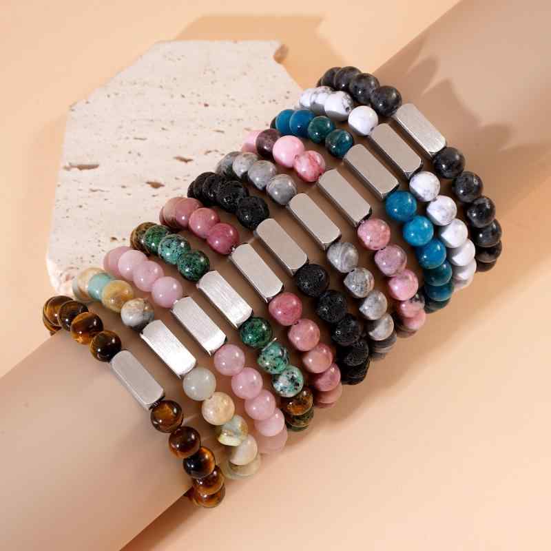 ブレスレット カップル ペア ステンレス ネーム オーダーメイド 地図石 火山石 ビーズ 黒曜石 虎眼石 ..