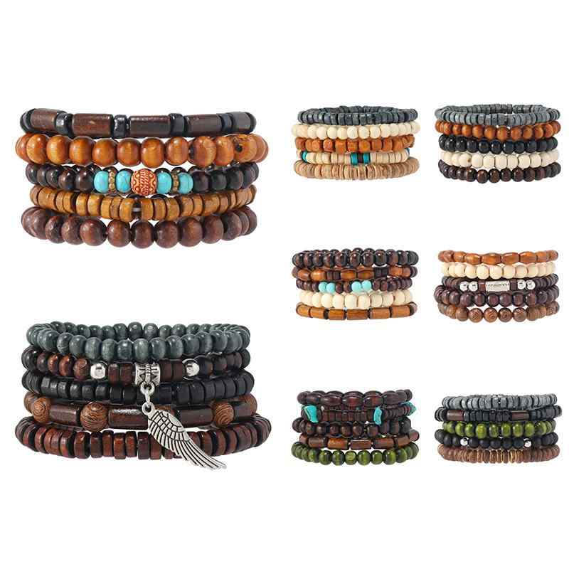 ブレスレット メンズ 男性用 ターコイズ 天然石 木製ビーズ 5点セット 伸縮性 重ね付け レトロ ハンドメイド カジュアル 普段使い ファッション 腕輪