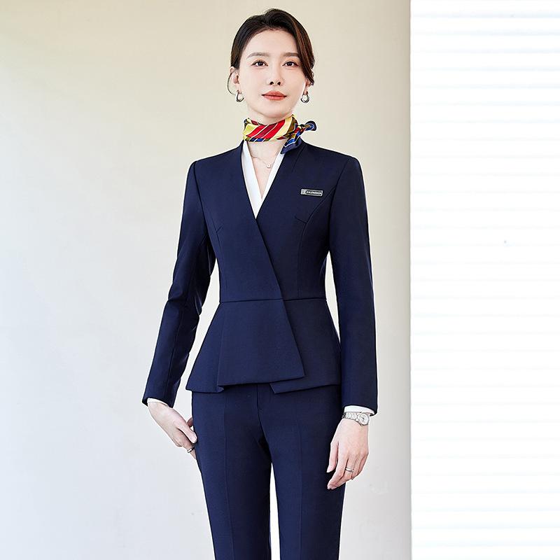 スーツ セットアップ レディース 女性用 秋冬 高級感 きれいめ エレガント 上品 オフィス ビジネス フォーマル 事務服 制服 接客 サービス業 ユニフォーム 長袖 ロングパンツ ポリエステル レーヨン混 ブラック グレー ブルー