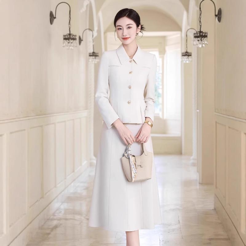 セットアップ レディース ジャケット スカート 高級感 エレガント フレンチシック オフィス 通勤 ビジネス 長袖 ロング丈 ポリエステル コットン アイボリー 春夏