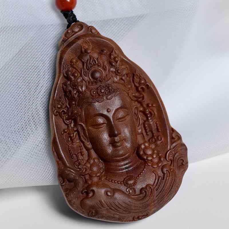 ネックレス 老山白檀 観音像 ペンダント 手彫り 平安 お守り プレート 吉祥模様 縁起物 開運 天然木製 サンダルウッド エスニック風 アクセサリー