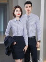 シャツ 男女兼用 ユニセックス 長袖 ストライプ柄 オフィス ビジネス フォーマル 事務服 制服 通勤 スリム 細身 綿 コットン ポリエステル 混紡 襟付き ブラック ブルー 春夏