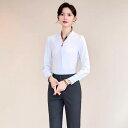 シャツ レディース 初秋 Vネック バイカラー ビジネス オフィス フォーマル 制服 ユニフォーム 事務服 通勤 長袖 ポリエステル ストレッチ ホワイト 前開き ブラウス