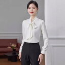 シャツ レディース シフォン 長袖 ボウタイ 秋 Vネック 無地 トップス ポリエステル フレンチスタイル きれいめ 上品 エレガント 通勤 オフィス デイリー
