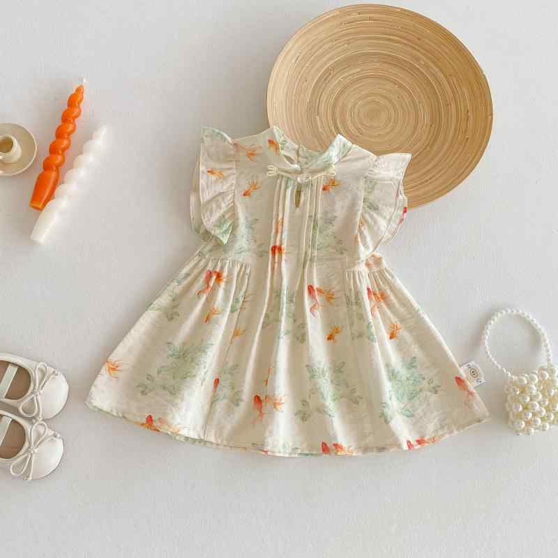 ワンピース 女の子 キッズ ベビー 子供服 チャイナ風 盤ボタン 小花柄 金魚柄 プリンセスライン レトロ ノースリーブ 夏 レーヨン クリーム アイボリー かわいい
