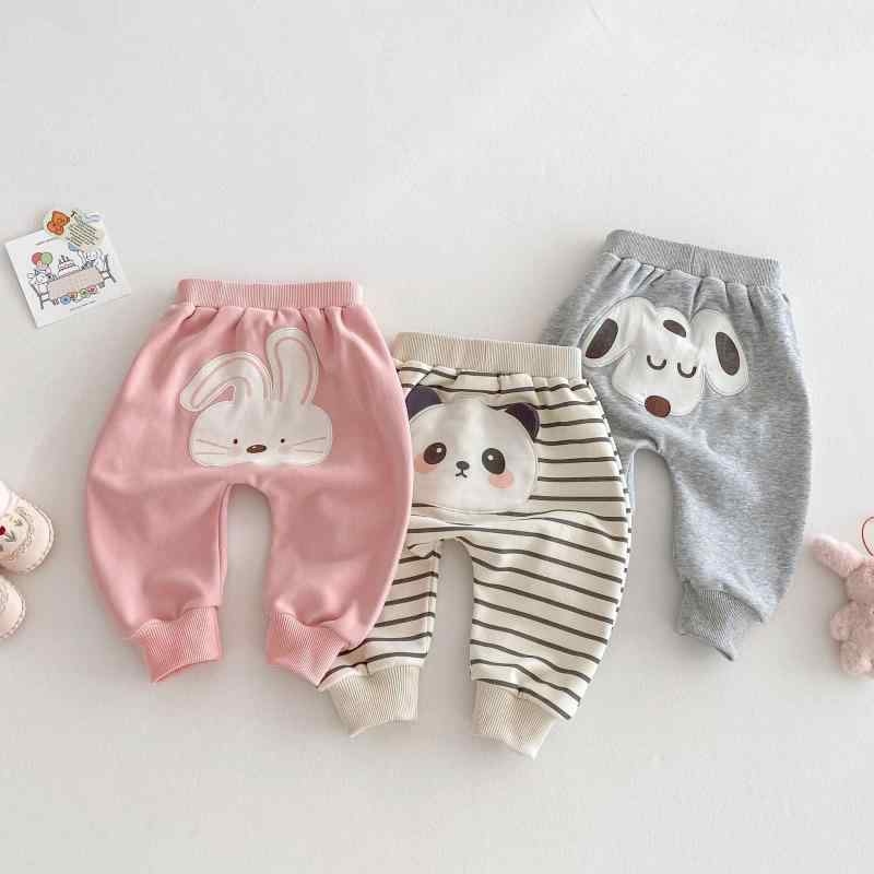 パンツ ベビー 男女兼用 キャラクター うさぎ アップリケ PPパンツ コットン カジュアル ロング丈 ウエストゴム 春秋 ストライプ 無地 グレーベージュ 麻グレー ラバーピンク Aクラス 韓国風