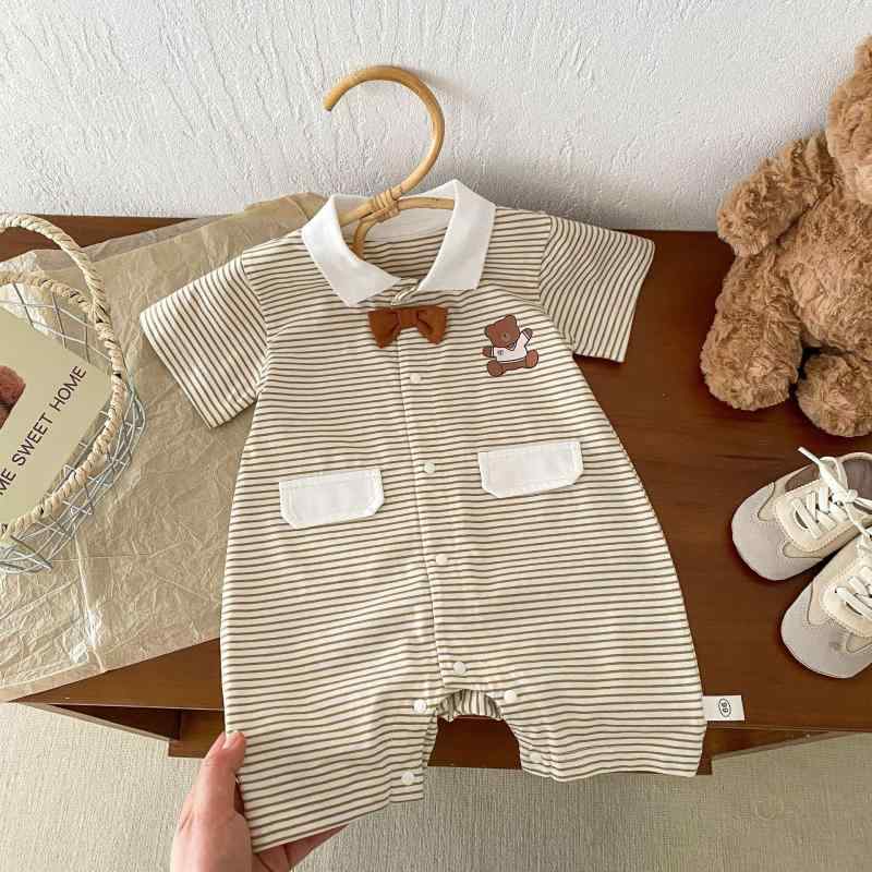 ロンパース 男の子 ベビー ストライプ ボーダー ポロ襟 半袖 夏 綿 薄手 韓国風 新生児 赤ちゃん 0歳 1歳 普段使い 子供服