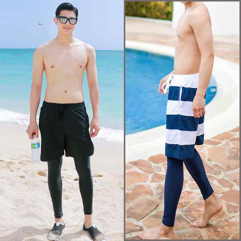水着 メンズ フェイクレイヤード ラッシュガード ロング丈 ビーチパンツ 海水パンツ スイミング プール マリンスポーツ 温泉 リゾート 無地 速乾性 ポリエステル ナイロン ブラック ブルー