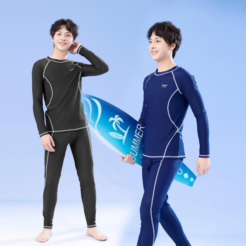 スイムウェア メンズ 男性用 長袖 ロングパンツ セパレート 2点セット ラッシュガード 水着 大きいサイズ ビーチ サーフィン マリンスポーツ フィットネス UVカット ポリエステル ブルー ブラック