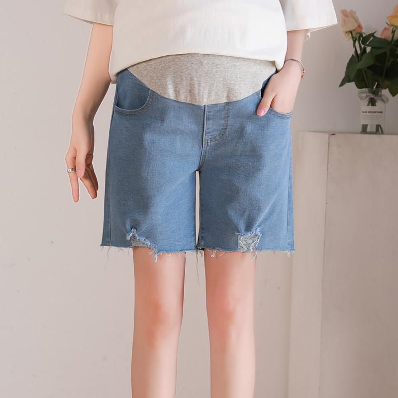 レディース デニム 五分丈 ハーフパンツ マタニティ ゆったり ワイド 大きいサイズ L LL 3L 4L 5L ダメージ加工 ストレッチ 通気性 春夏 綿 コットン ブルー 妊婦服 普段使い