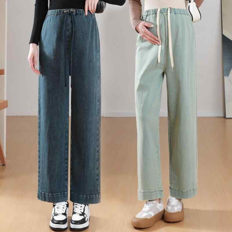 レディース マタニティ ジーンズ 妊婦 大きいサイズ ゆったり ワイド ドローストリング アンクル丈 デニムパンツ 秋冬 コットン ストレッチ 腹部サポート ブルーグレー ライトブルー リラックス カジュアル 中厚手 普段使い