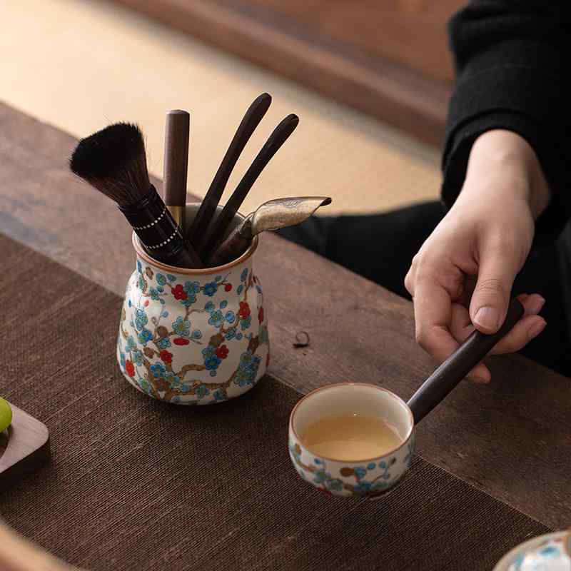 茶道六君子 汝窯 陶器 徳化焼 金梅花柄 モダン中華風 中国茶器 茶道具 茶器セット 茶刀 茶針 養壺筆 お..