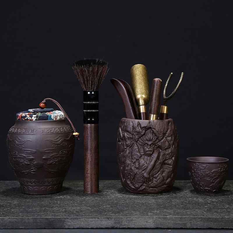 茶道具 六君子セット 紫砂陶器 黒檀木製 茶挟み 茶刀 茶匙 茶針 功夫茶 中国茶器 茶器台 卓上 置物 飾り 上品 おしゃれ 手作り 来客用 おもてなし(x2)
