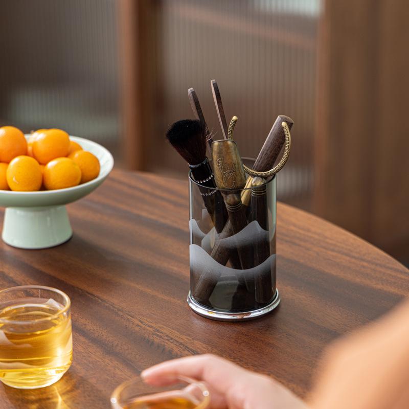 茶道具 六君子セット 耐熱ボロシリケイトガラス 黒檀 エボニー 山型デザイン 茶器 花びん フラワーベー..