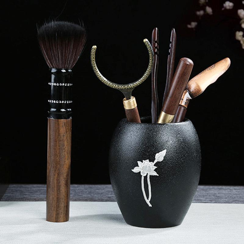 茶道道具 六君子セット 黒檀製 錫製装飾 蓮モチーフ 中国茶 功夫茶 茶器アクセサリー 茶具 茶芸 ティータイム お茶会 来客用 インテリア飾り 中華風 高級感 ブラック