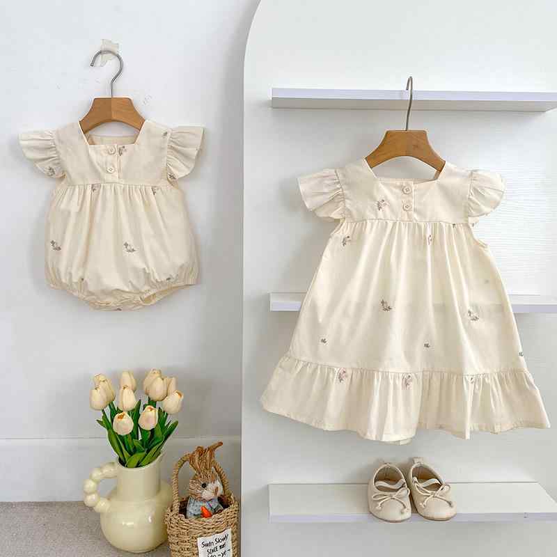 ワンピース ロンパース キッズ 女の子 ベビー服 春夏 コットン100% 刺繍 花柄 フリルスリーブ Aライン ..