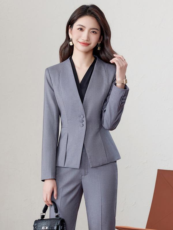 スーツ レディース 春秋 ノーカラー ジャケット セットアップ ビジネス オフィス フォーマル 制服 事務服 通勤 OL 黒 紺 グレー ポリエステル 長袖(x2)