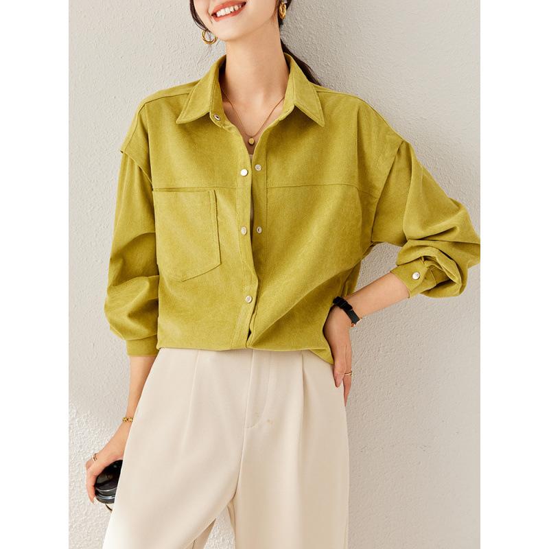 シャツ レディース 長袖 ゆったり オーバーサイズ カジュアル 韓国風 レトロ きれいめ 上品 通勤 オフィス 無地 マスタードイエロー ポリエステル イージーケア 秋冬(x2)