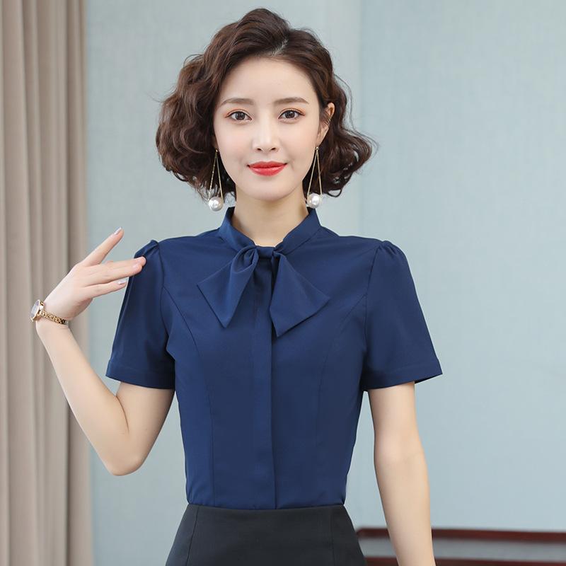 シャツ レディース 半袖 リボン 上品 韓国風 ポリエステル ストレッチ素材 ビジネス オフィス 通勤 事務服 ホテル制服 スリムシルエット スタンドカラー 切り替え 前開き 白 青 春夏(x2)