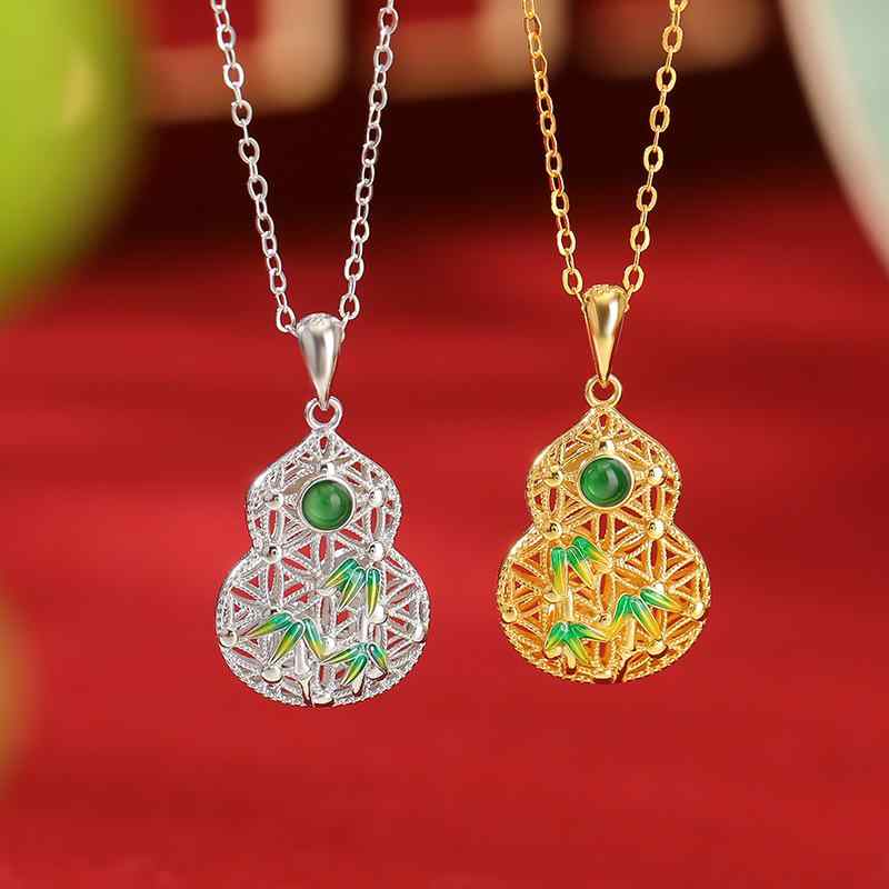 ネックレス S925純銀製 ゴールドカラー 金メッキ 翡翠 七宝焼き 竹の葉モチーフ 瓢箪 透かし彫り レト..