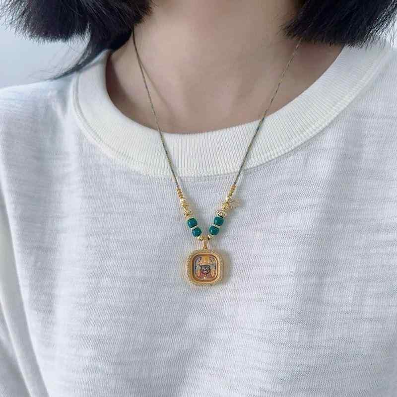 ペンダント ネックレス 男女兼用 チベットタンカ風 ジルコニア装飾 ハンドメイド 新チャイナスタイル 幾何学模様 クロスチェーン セーターネックレス 個性的 ユニークデザイン(4)