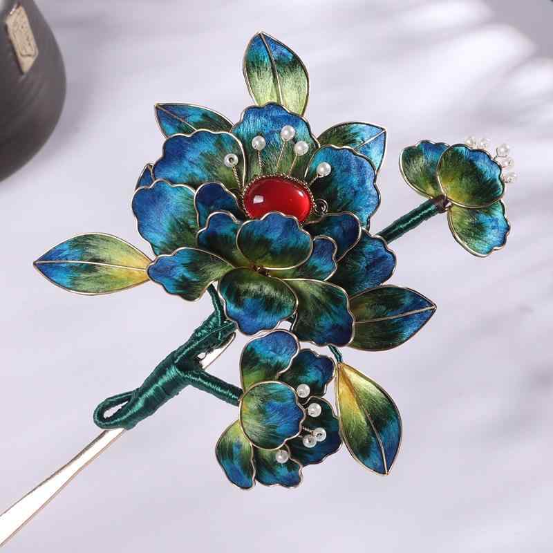 簪 レディース 中国風 古風 髪飾り 七宝焼 牡丹 蚕糸ベルベット 花モチーフ ハンドメイド 結婚式 パー..