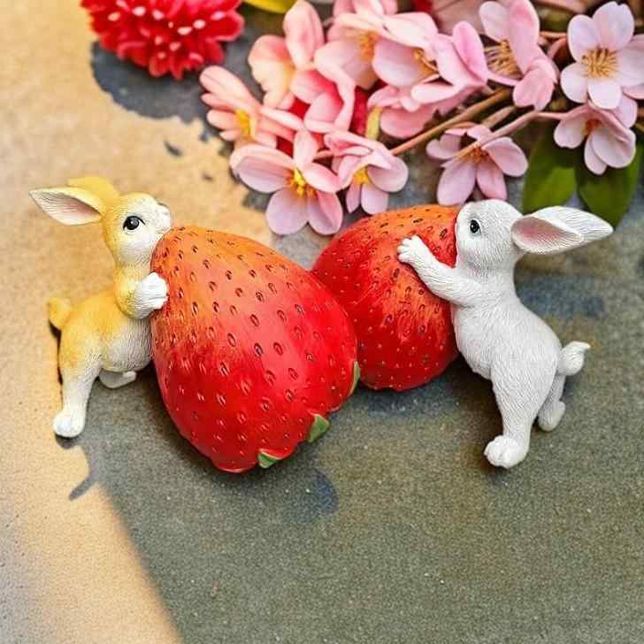 置物 いちごうさぎ ガーデン オーナメント 屋外 庭園 テラス 卓上 動物 オブジェ 樹脂製 カントリー調 かわいい ギフト プレゼント イエロー ホワイト(x2)