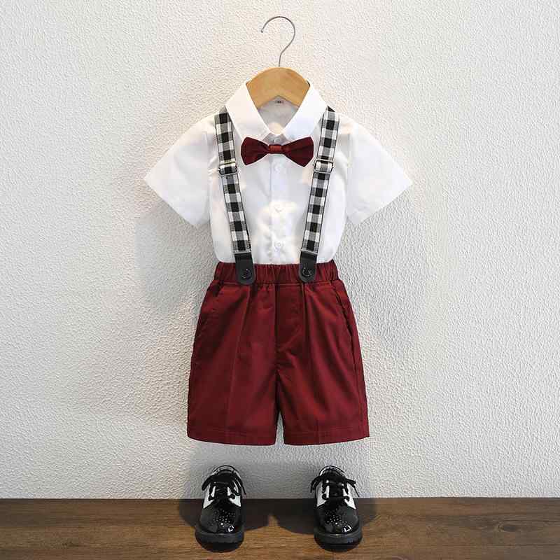セットアップ キッズ 男の子 フォーマル 半袖 ショートパンツ サスペンダー 蝶ネクタイ 春夏 結婚式 フラワーボーイ 発表会 誕生日 お祝い 七五三 ポリエステル ブリット風