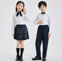 スクールユニフォーム キッズ 男女兼用 制服 セットアップ 白シャツ チェック柄スカート ネイビーロングパンツ ポリエステル 学院風 ブリティッシュ 通学 卒業式 発表会 団体服