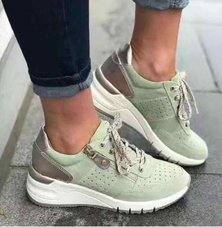 スニーカー レディース 厚底 ウェッジソール フロントレースアップ 配色 PUレザー ローカット ポインテッドトゥ カジュアル 大きいサイズ