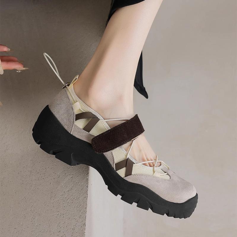 マリジェーンシューズ レディース 厚底 太ヒール 牛革 本革 配色切り替え レトロ くり抜きデザイン 面ファスナー ラウンドトゥ 機能的 普段使い オールシーズン対応 カジュアル ダークグレー ホワイトグレー