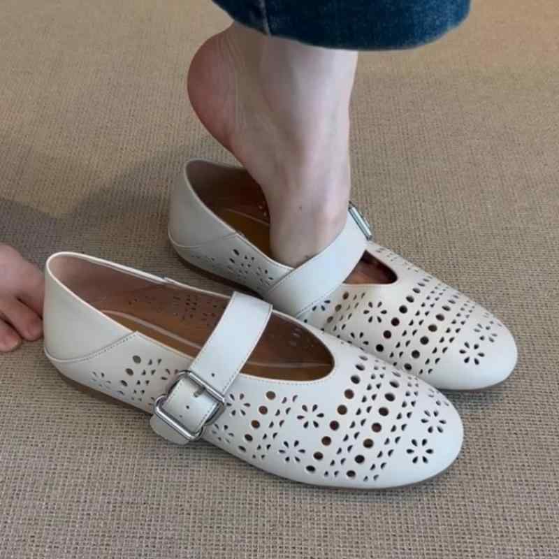 メリージェーン レディース フレンチスタイル フラット くり抜きデザイン 通気性 バレエ ポインテッドトゥ 浅履き 無地 春夏 アイボリー ブラック マイクロファイバー