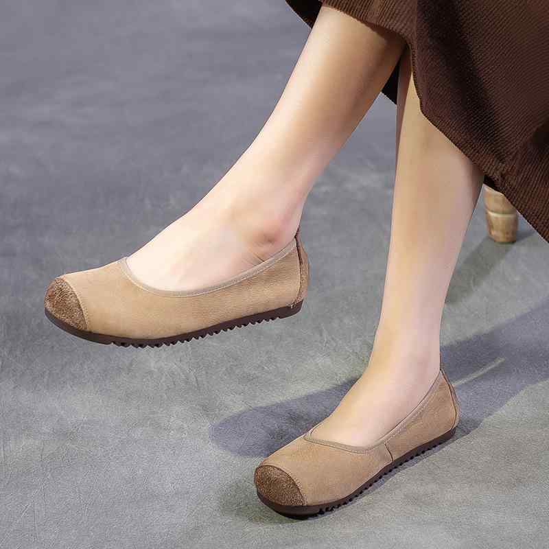 フラットシューズ レディース メリージェーン 本革 ヌバック 軽量 滑り止め ソフトソール 浅履き ラウンドトゥ シンプル レトロ 日常使い 普段使い カーキ ブラウン(x2)