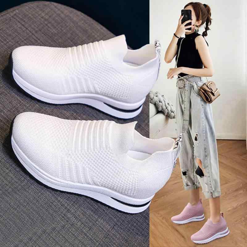 スニーカー レディース インヒール メッシュ スリッポン 厚底 カジュアルシューズ ローカット ラウンドトゥ バイカラー 快適 クッション性 通気性 軽量