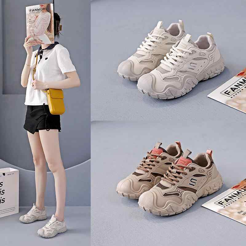スニーカー レディース 春夏 アウトドア 軽量 カジュアル 厚底 メッシュ 通気性 ラウンドトゥ レースアップ スタイルアップ 普段使い トレッキングシューズ ベージュ カーキ