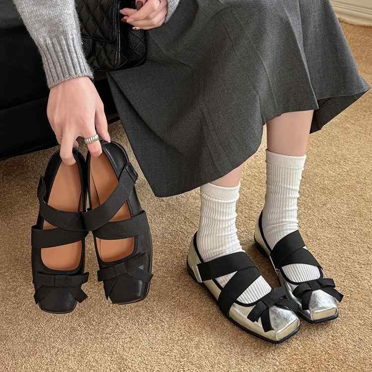 メリージェーン レディース レトロ スクエアトゥ リボン アンクルストラップ フラットシューズ シルバー バレエシューズ風 合成皮革 デイリー 普段使い カジュアル